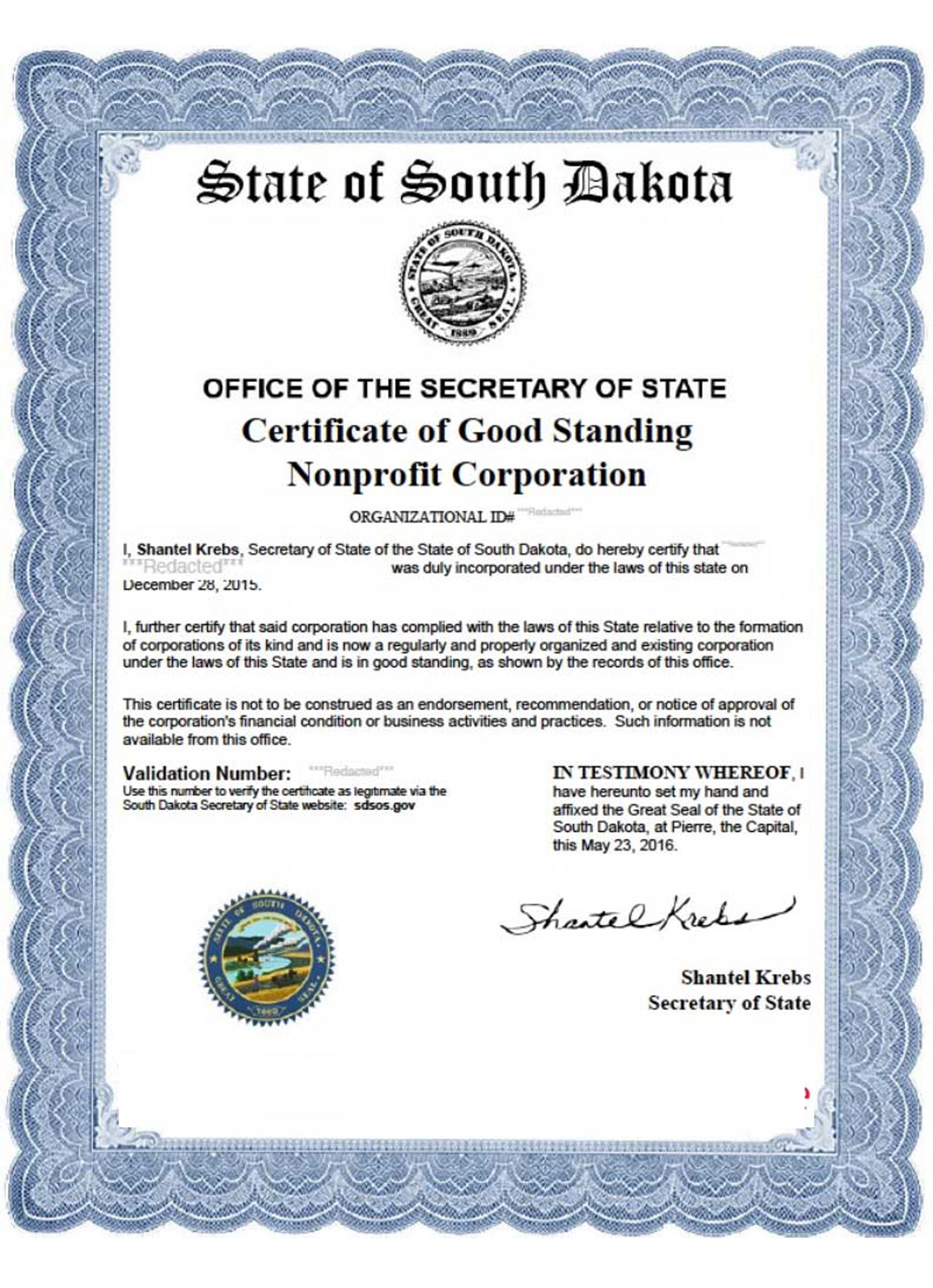 USA South Dakota certificate of good standing